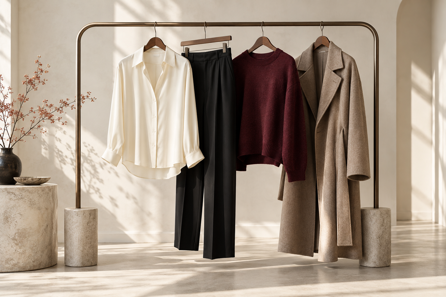 Illustrative capsule wardrobe in ivory, black, burgundy and taupe